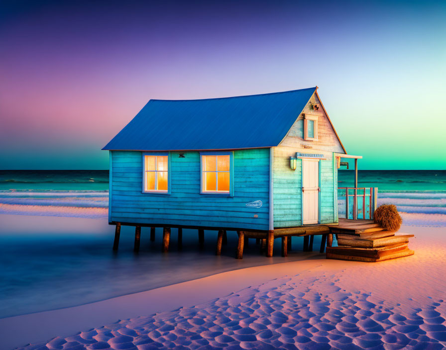 Blue beach house on stilts at sunset beach shore