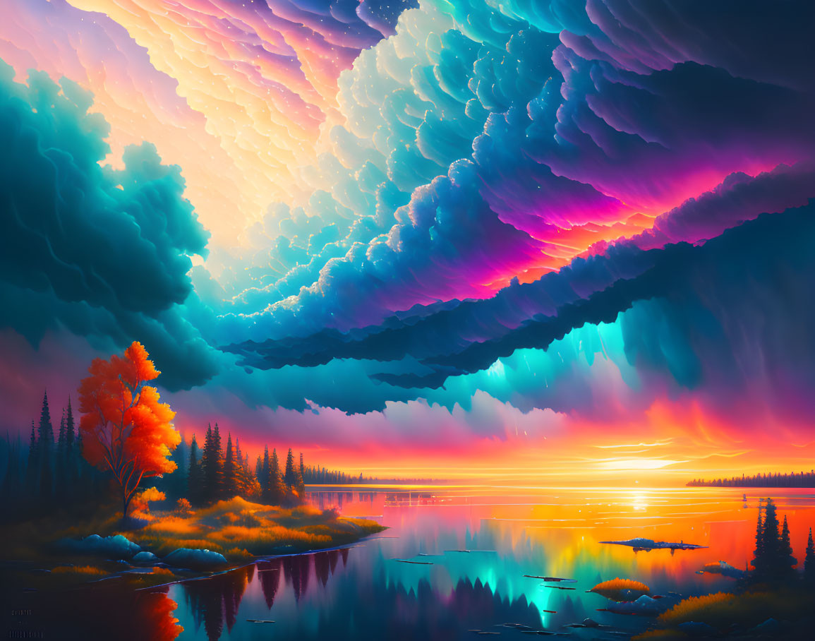 Scenic sunset with vibrant sky over serene lake