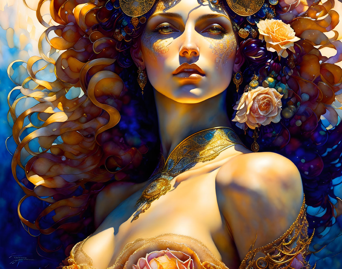 Fantasy illustration of woman with gold adornments and curly hair