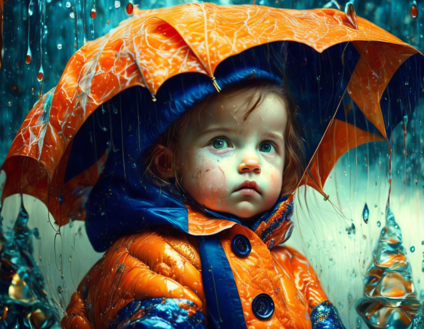 Child in orange raincoat with umbrella in rainstorm.