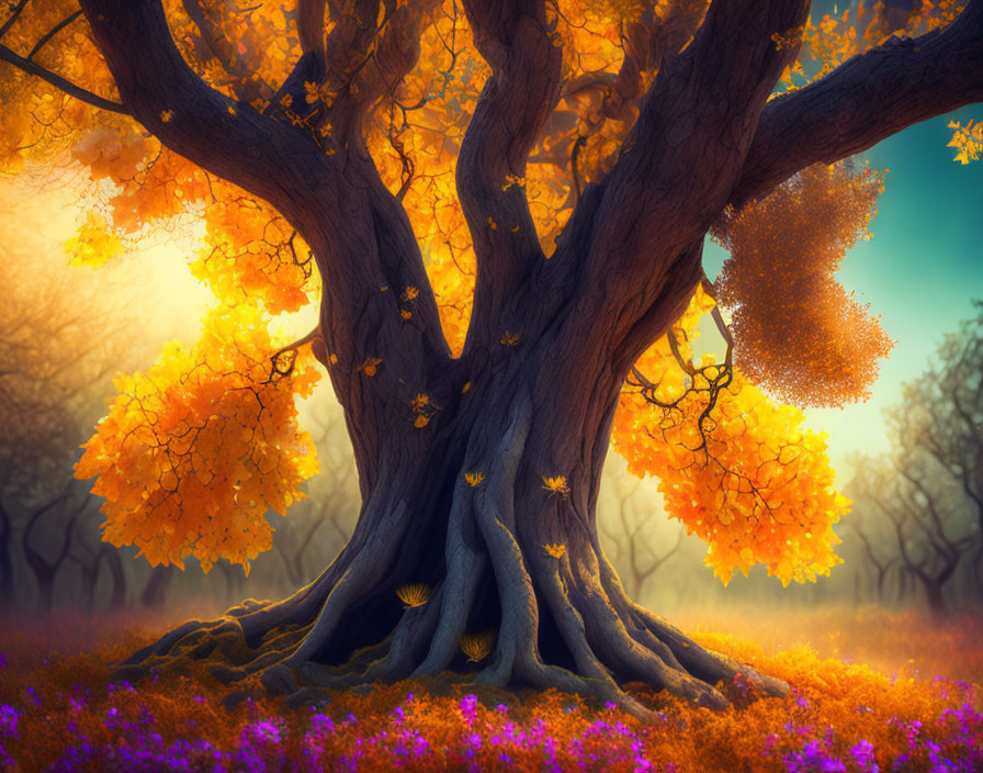 Majestic tree with thick trunk and golden foliage in vibrant field of purple flowers