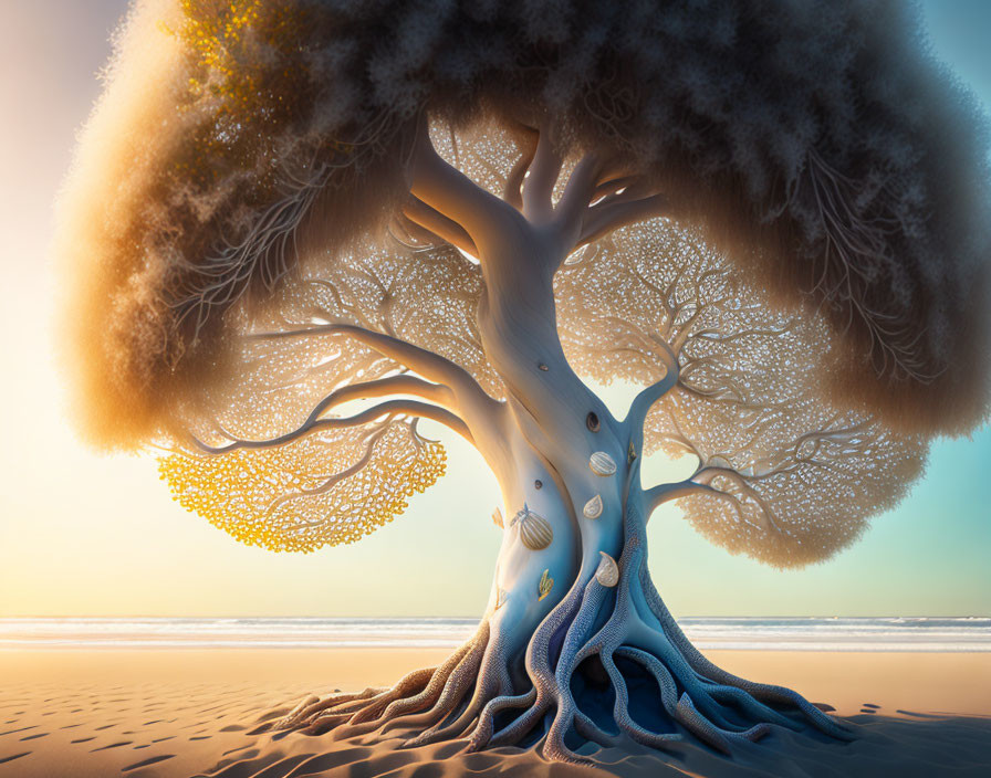 Surreal tree artwork with dense canopy and root-like branches on beach at sunset