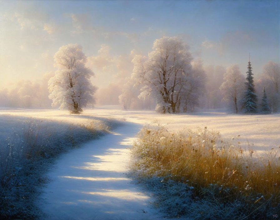 Snowy landscape with winding path and frost-covered trees at sunrise or sunset