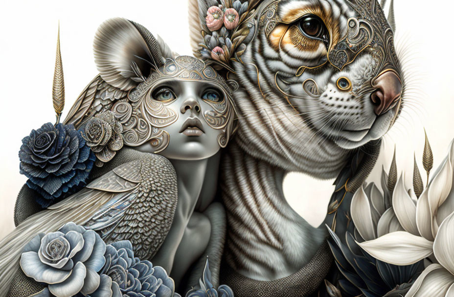 Surreal artwork: Woman with ornate headgear merging into tiger amidst detailed neutral flora.