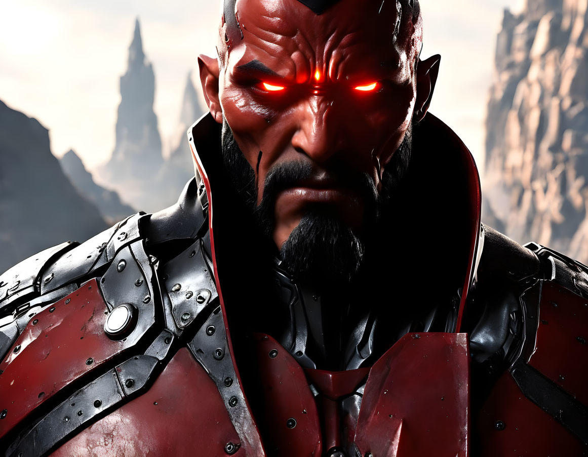 Menacing character with glowing red eyes in medieval armor on rocky backdrop