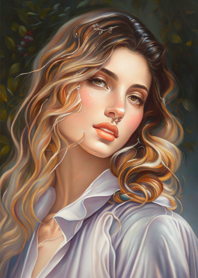 Blonde Woman in White Blouse with Leafy Background