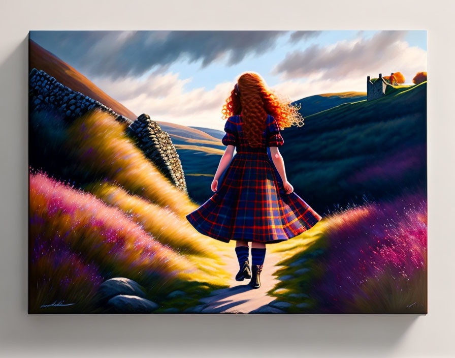 Red-Haired Girl in Plaid Dress Walking in Rural Landscape with Purple Flowers