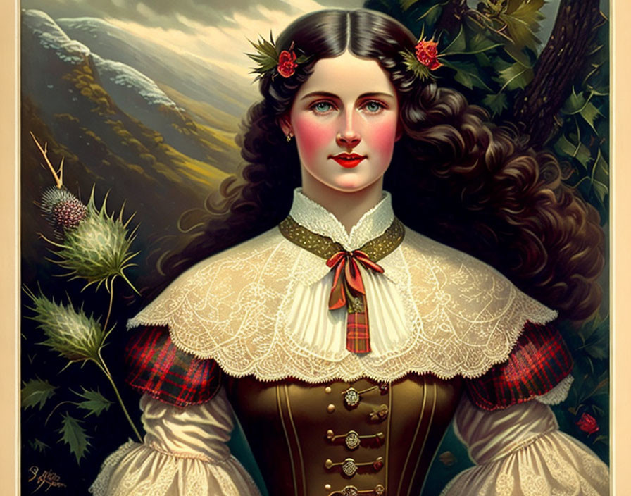 Portrait of Woman with Dark Hair in Traditional Dress and Red Flowers on Nature Background