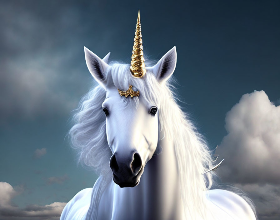 White unicorn with golden horn and mane against cloudy sky