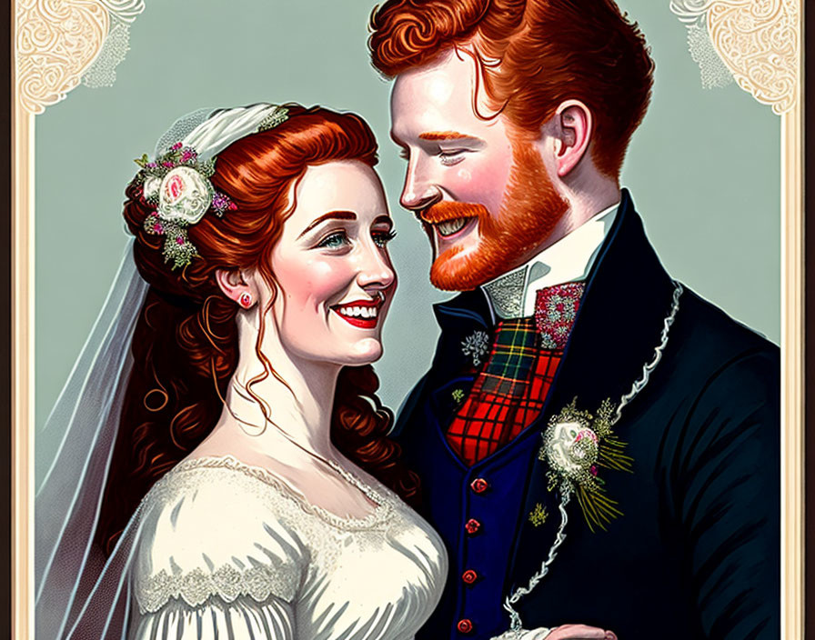 Red-haired bride and groom illustration in white dress and tartan vest.