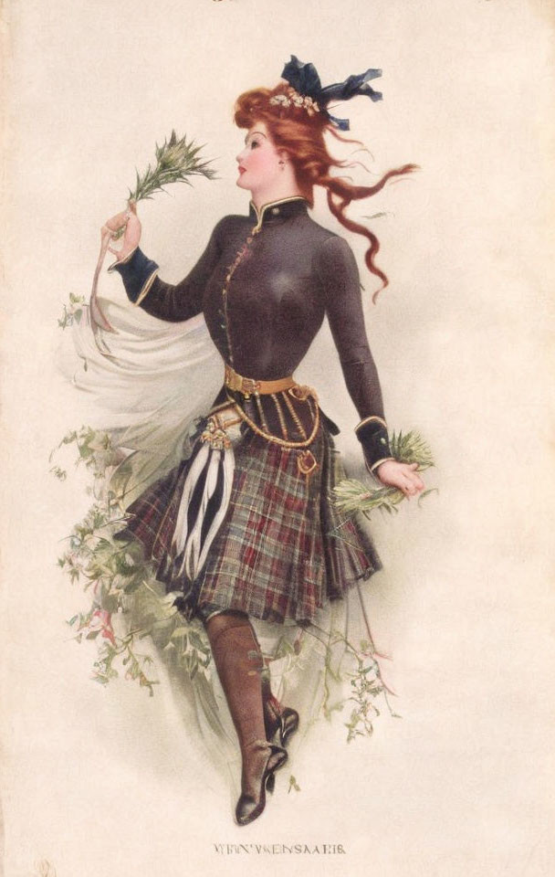 Vintage illustration of elegant woman with red hair in plaid skirt and black top, wearing greenery and