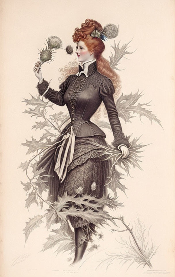 Victorian woman with red hair holding feathered fan in vintage illustration