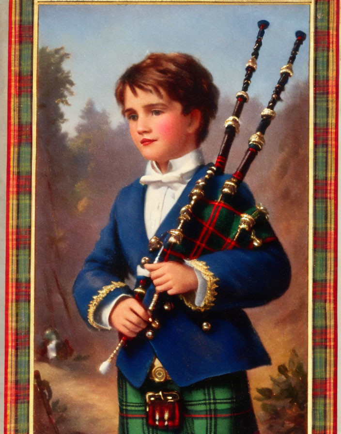 Young boy in Scottish attire playing bagpipes with tartan border background