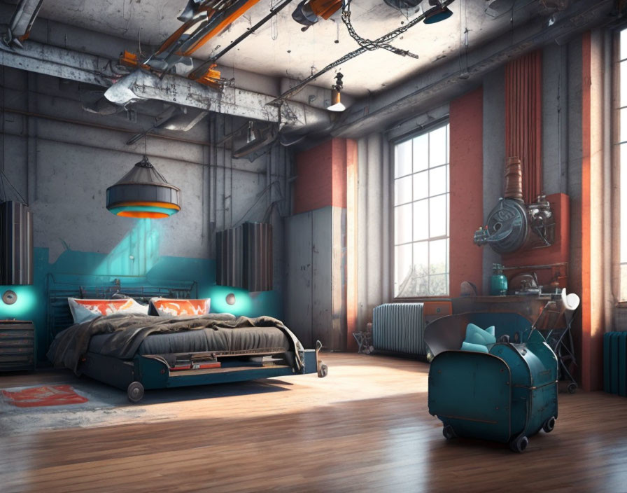 Modern Industrial-Style Bedroom with Exposed Brick Walls and Teal Accents