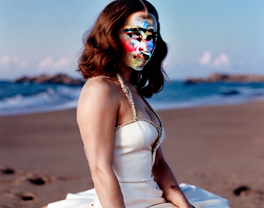 Colorful Abstract Masked Woman Sitting by Beach with Waves and Clouds