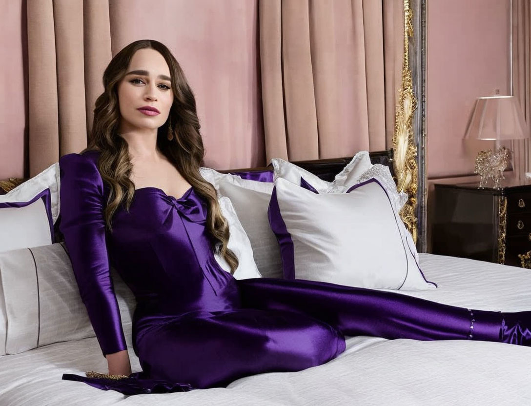 Woman in Purple Dress and Boots Sitting on White Bed with Pink Curtains