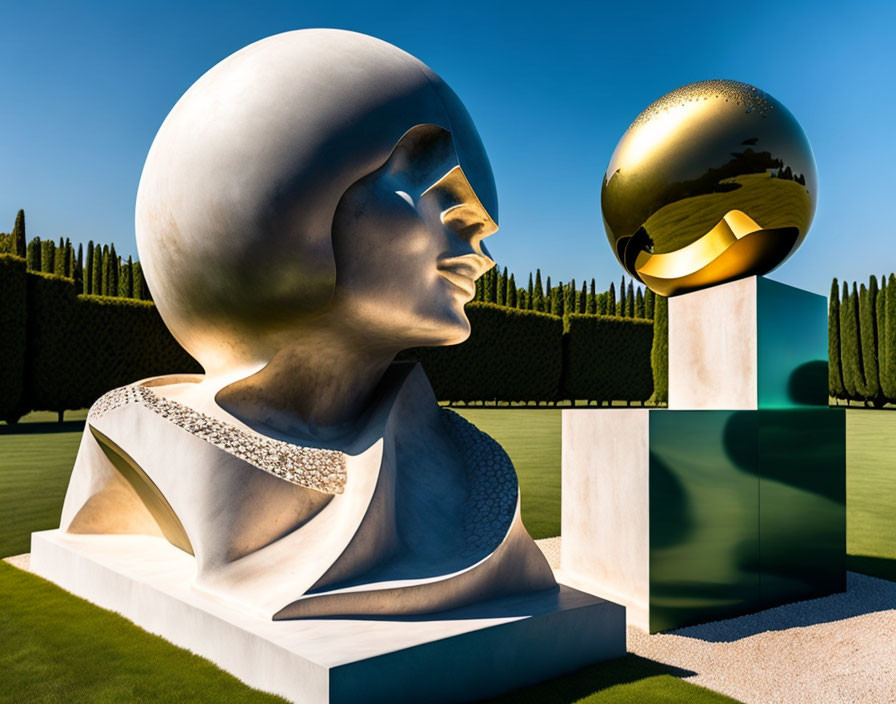 Surrealist sculpture with large head and golden orb against hedges