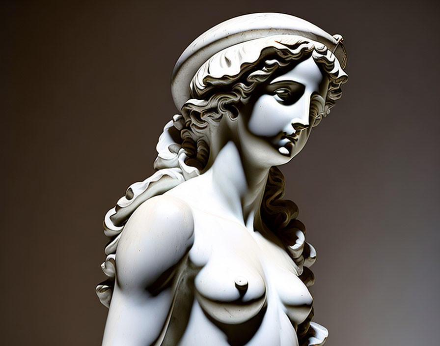 Detailed White Marble Statue of Female Figure with Curly Hair and Draped Headpiece