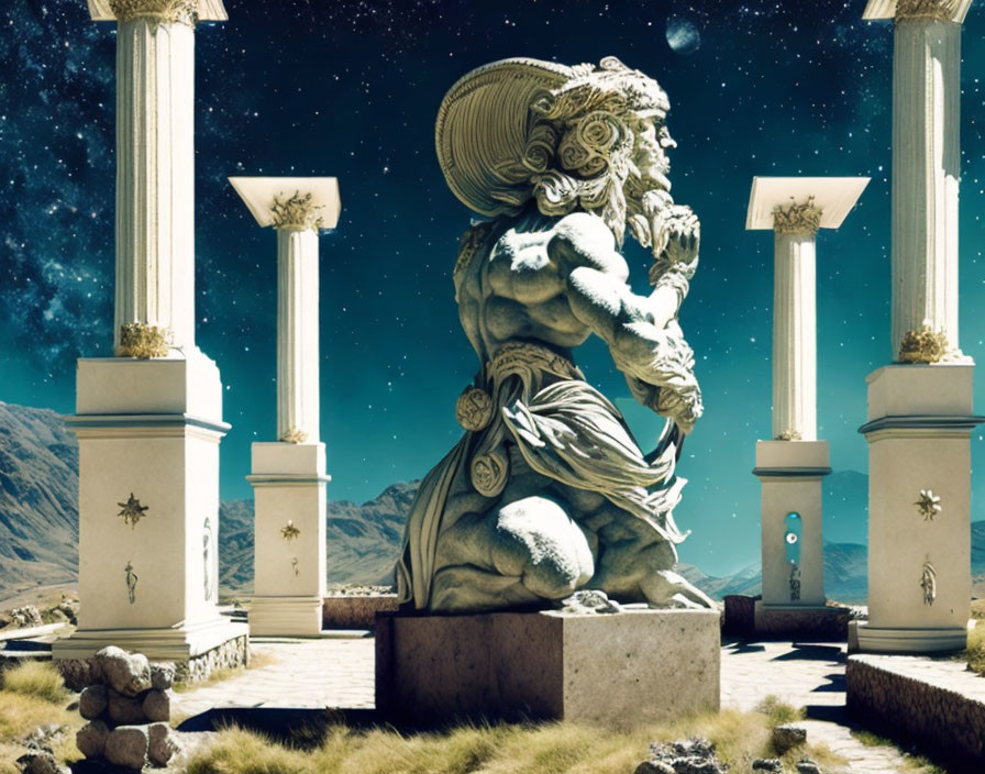 Classical warrior statue in fantasy setting with celestial bodies and ancient columns.