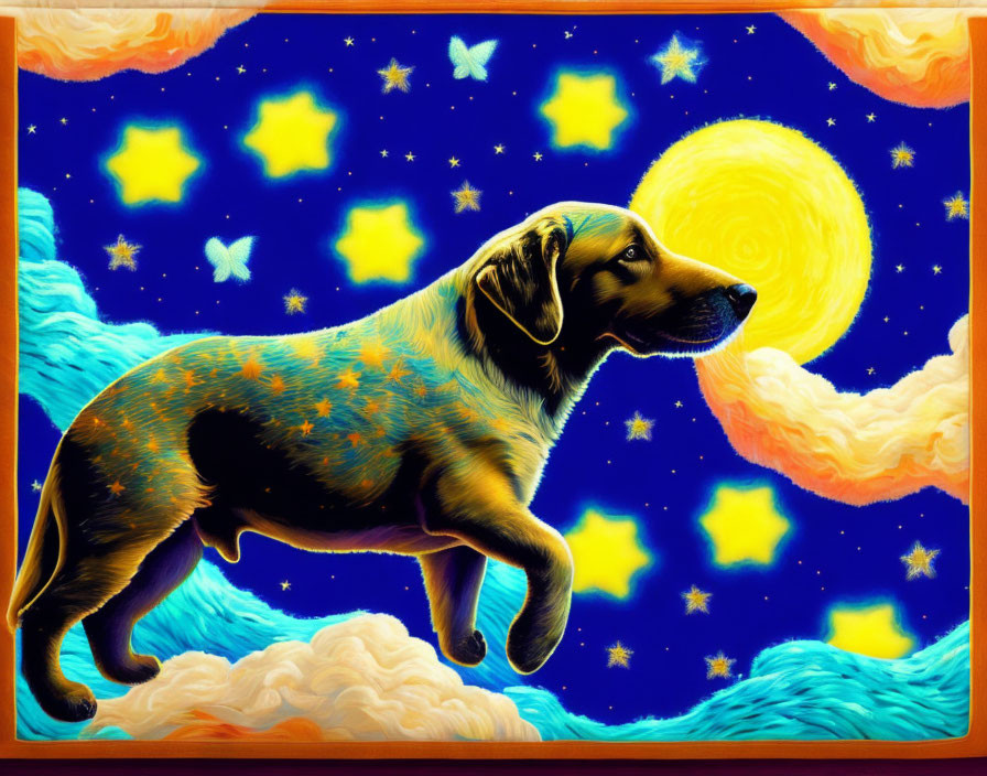 Colorful Dog Illustration Walking Among Stars and Clouds at Night