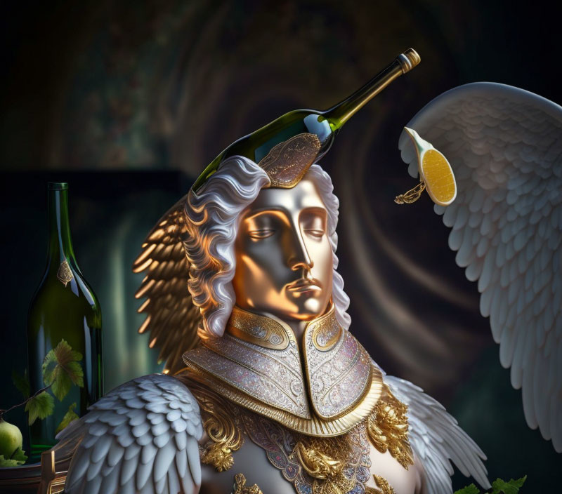 Surreal winged statue with golden armor, wine bottle pouring liquid, lemon slice