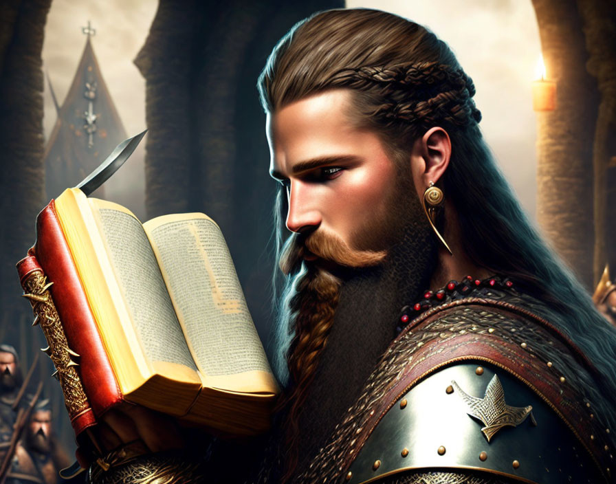 Braided-beard warrior reading book in castle setting