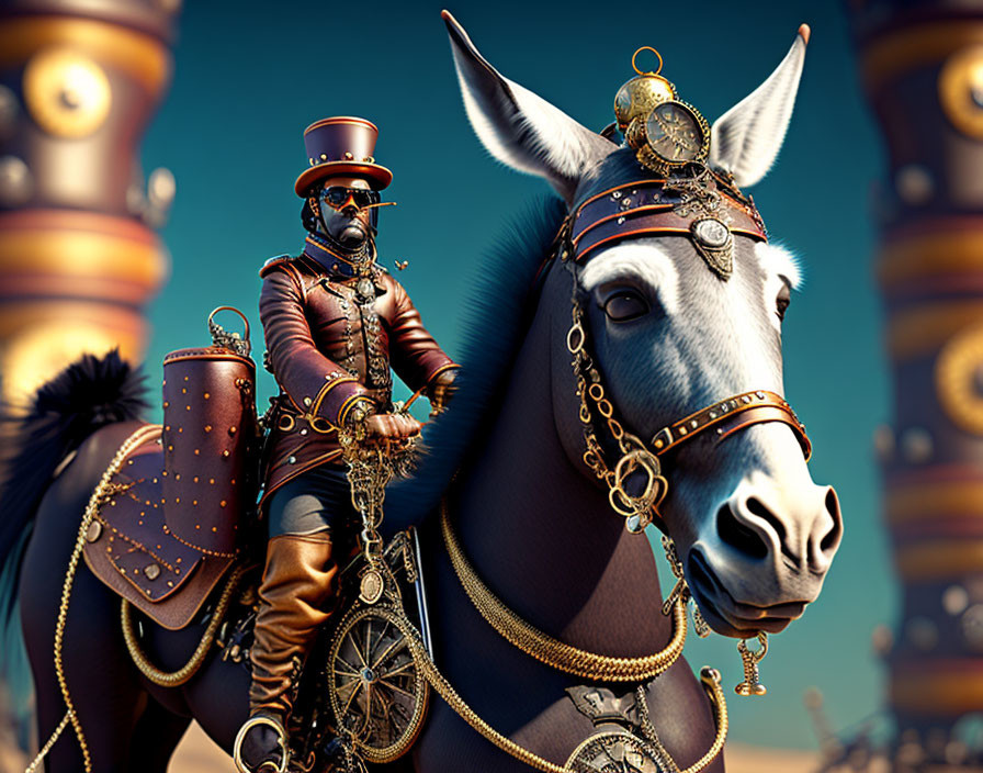 Steampunk-themed image: Victorian man on horse with industrial backdrop