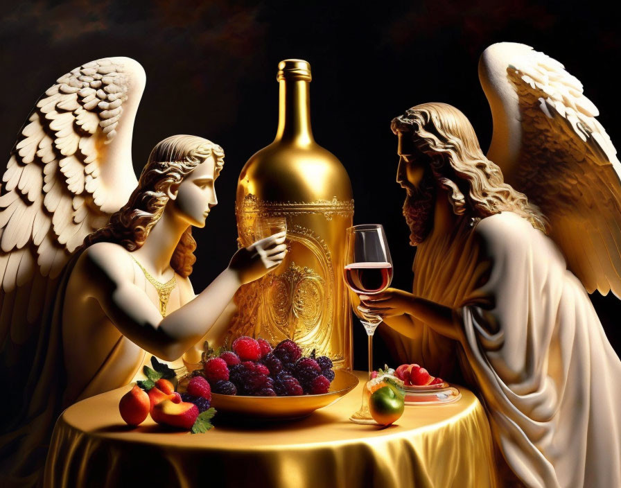 Two winged angels with golden halos toasting with wine surrounded by fruits on golden table against dark