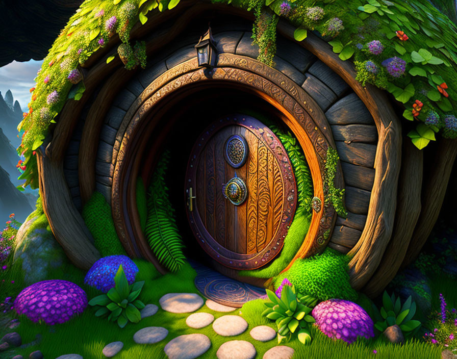 Round wooden door in lush green hill with plants, lantern, and purple mushrooms.