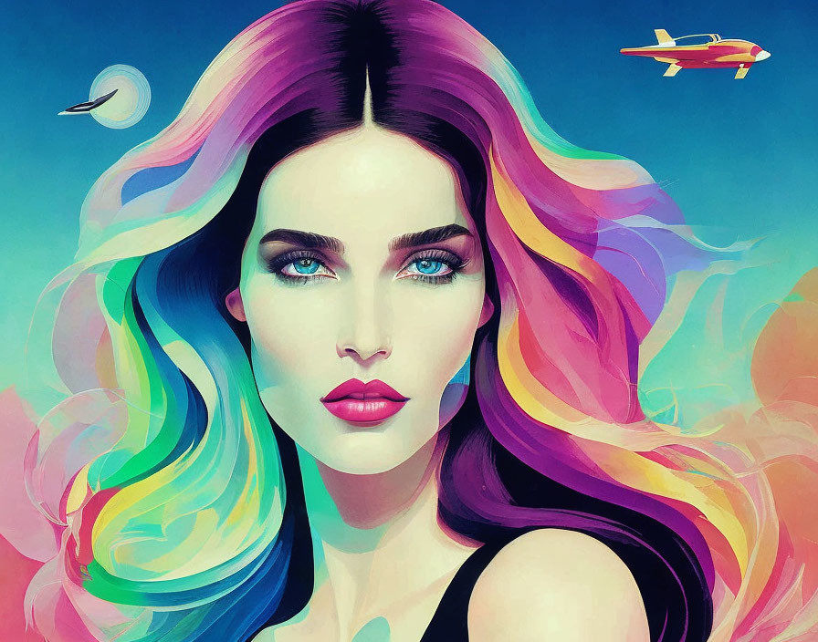 Colorful illustration of woman with flowing hair, blue eyes, and pink lips in a scenic background.