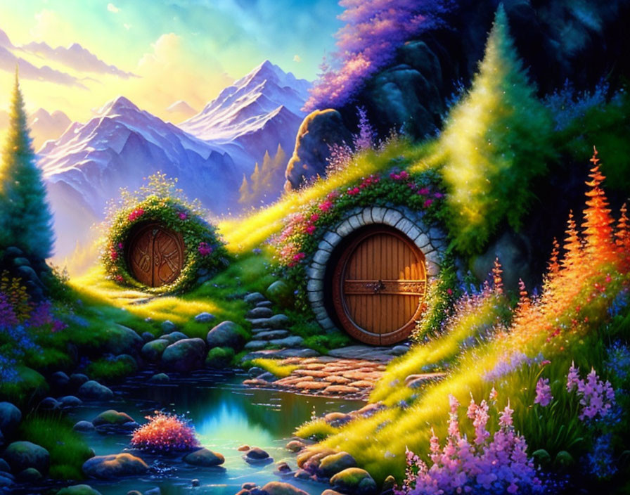 Fantasy landscape with hobbit-like doors, flowers, stream, and mountains