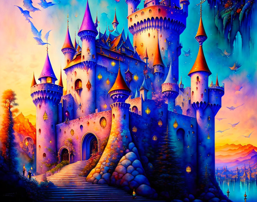 Fantasy castle with spires and towers in colorful landscape