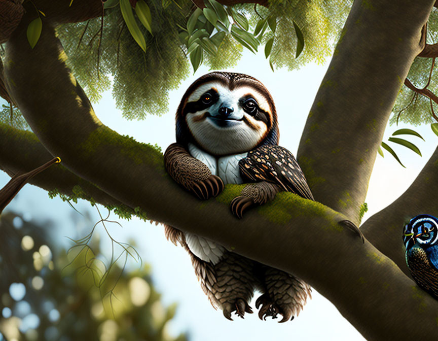 Illustration of whimsical sloth-owl hybrid on tree branch surrounded by foliage