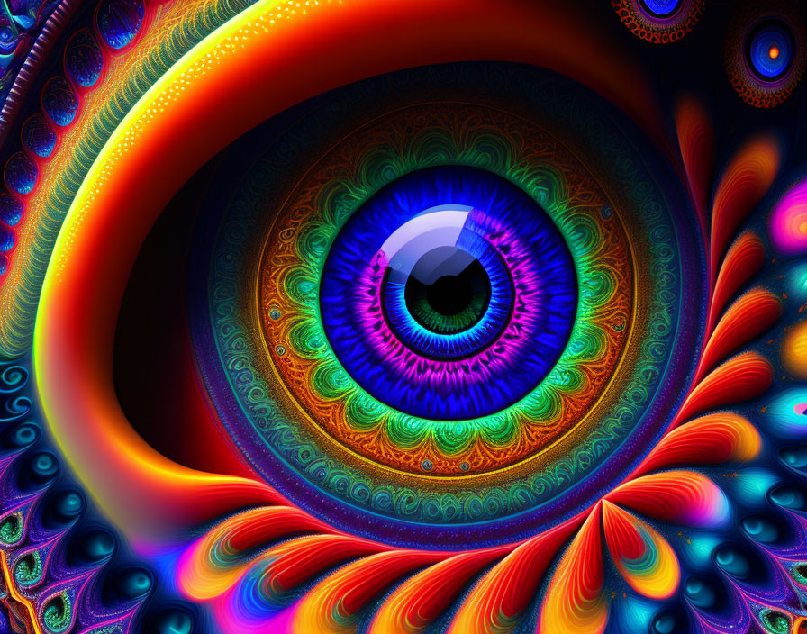 Colorful digital artwork: Intricate psychedelic eye in blue, orange, and green.