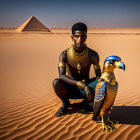 Person on rock overlooking desert with pyramids and canine under hazy sky