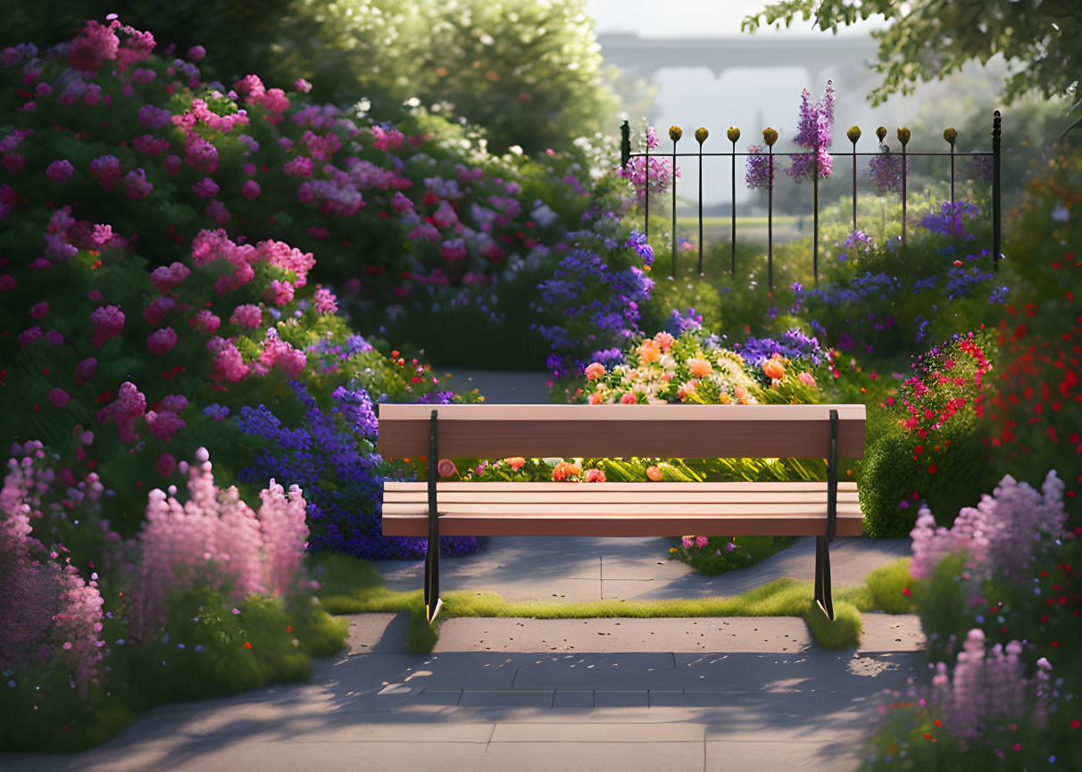 Tranquil Park Scene with Wooden Bench and Vibrant Flowers