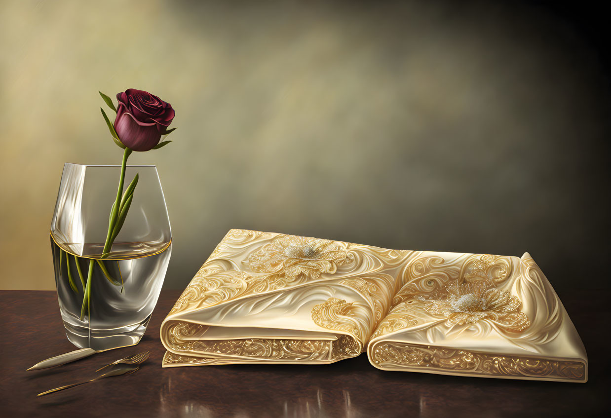 Dark Red Rose in Water Glass Beside Gold-Embossed Book and Spectacles