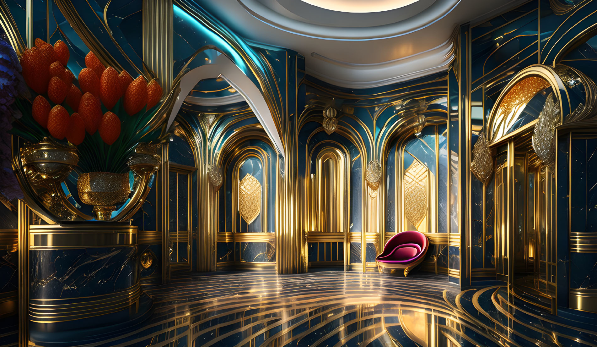 Luxurious Interior with Marble Floors, Gold & Blue Walls, Intricate Patterns, and Modern Pink Chair