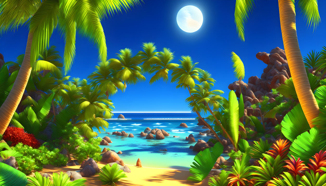 Tropical beach scene with palm trees, clear water, sunlit rocks, and bright moon