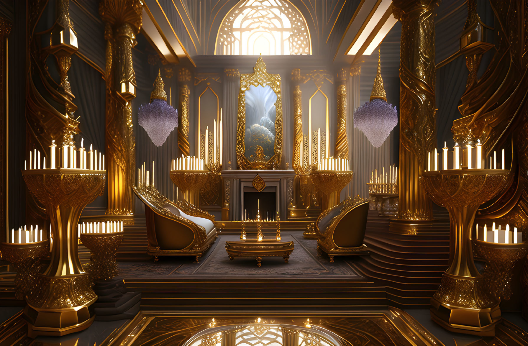 Luxurious interior with golden pillars, chandeliers, throne, candles, and skylight ceiling