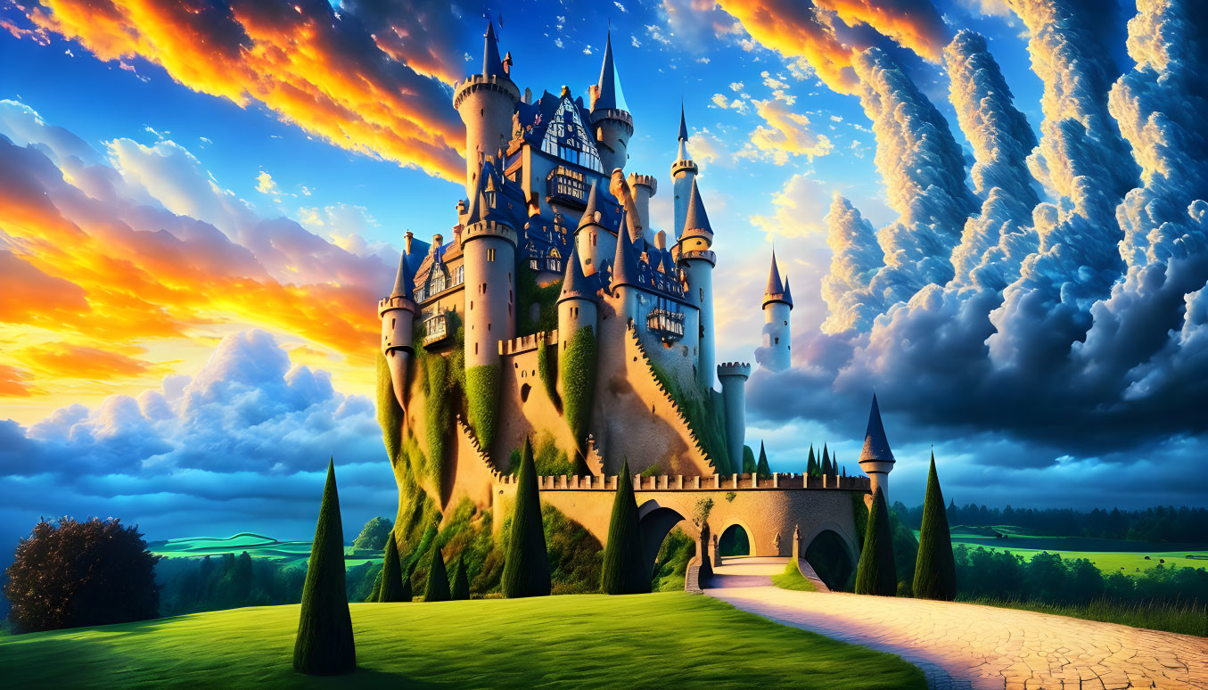 Majestic castle with towering spires under fiery sky and lush green landscape