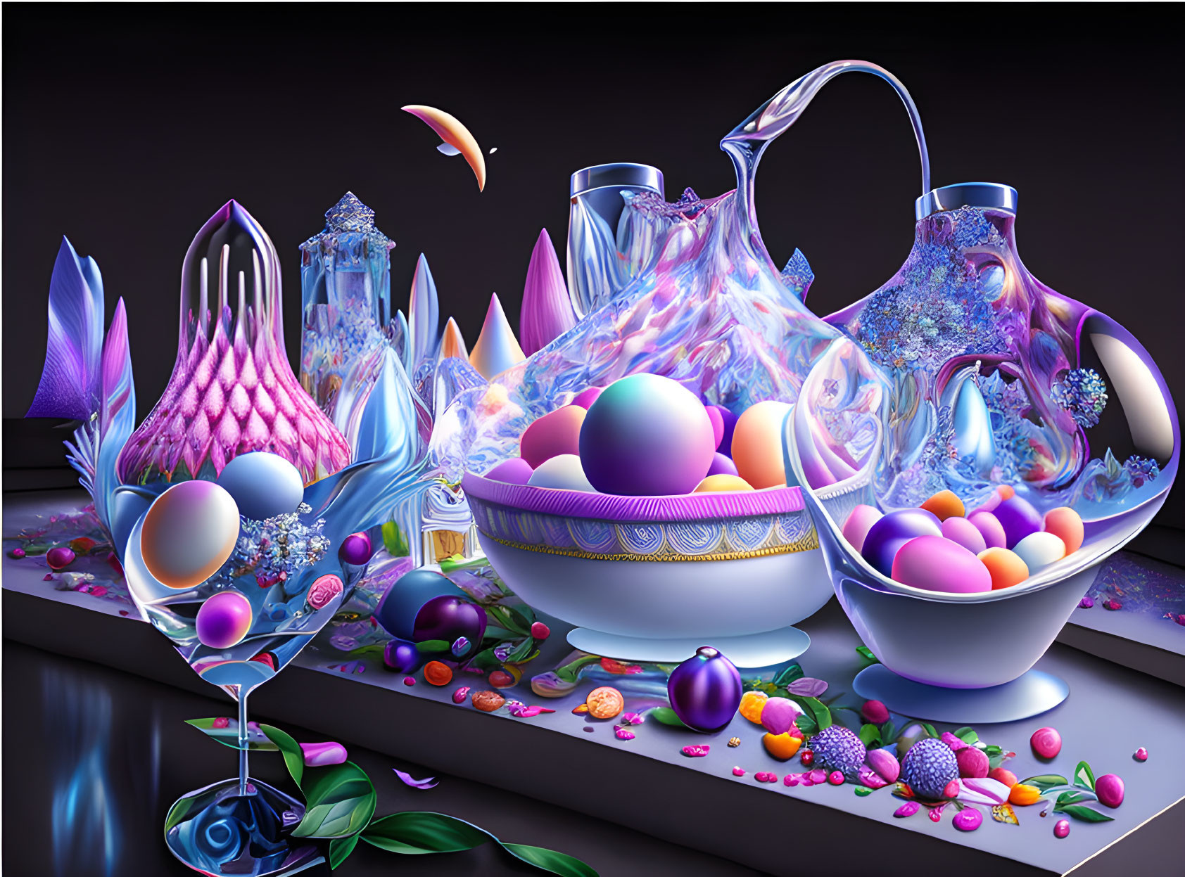 Surreal digital artwork with glass vessels, orbs, and crystals on dark background