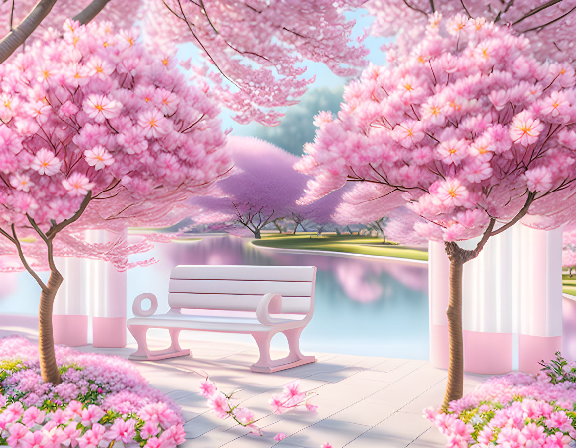 Tranquil park scene with pink cherry blossoms, white bench, and serene lake