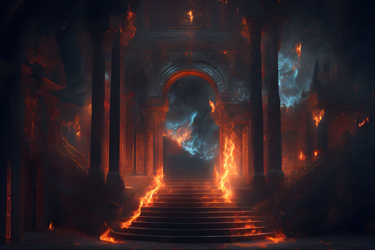 Ornate grand staircase in dark mystical interior with flames and blue wisps