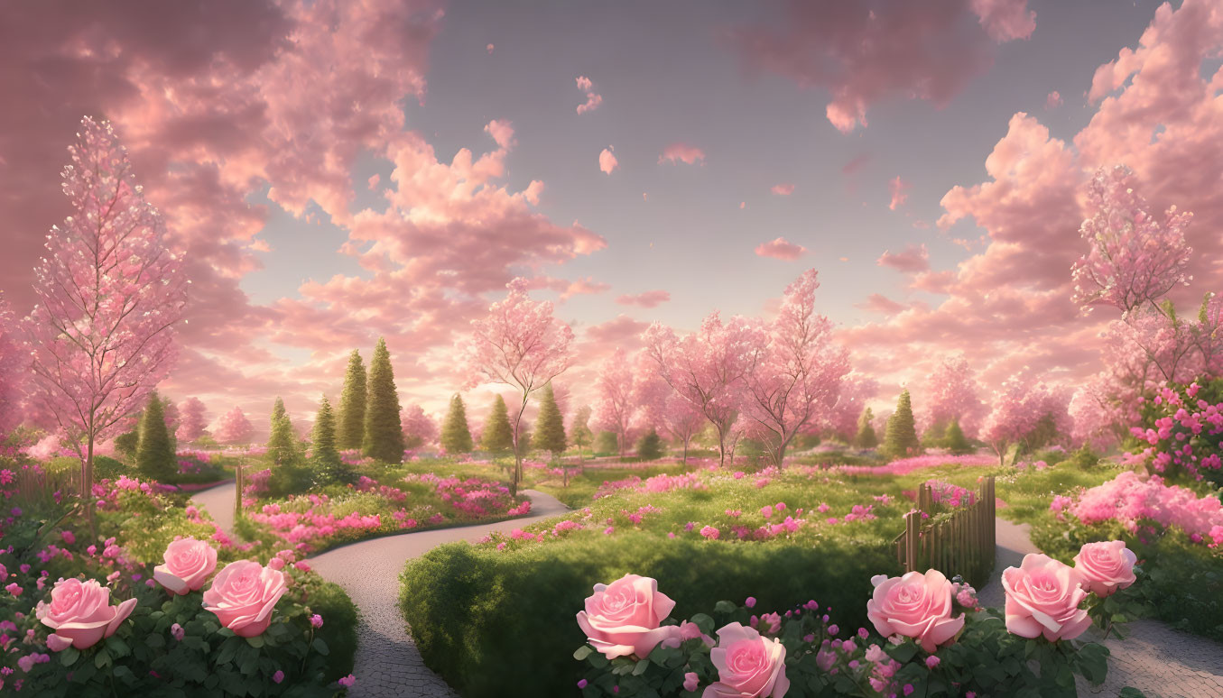 Tranquil landscape with lush greenery, pink trees, roses, and sunset sky