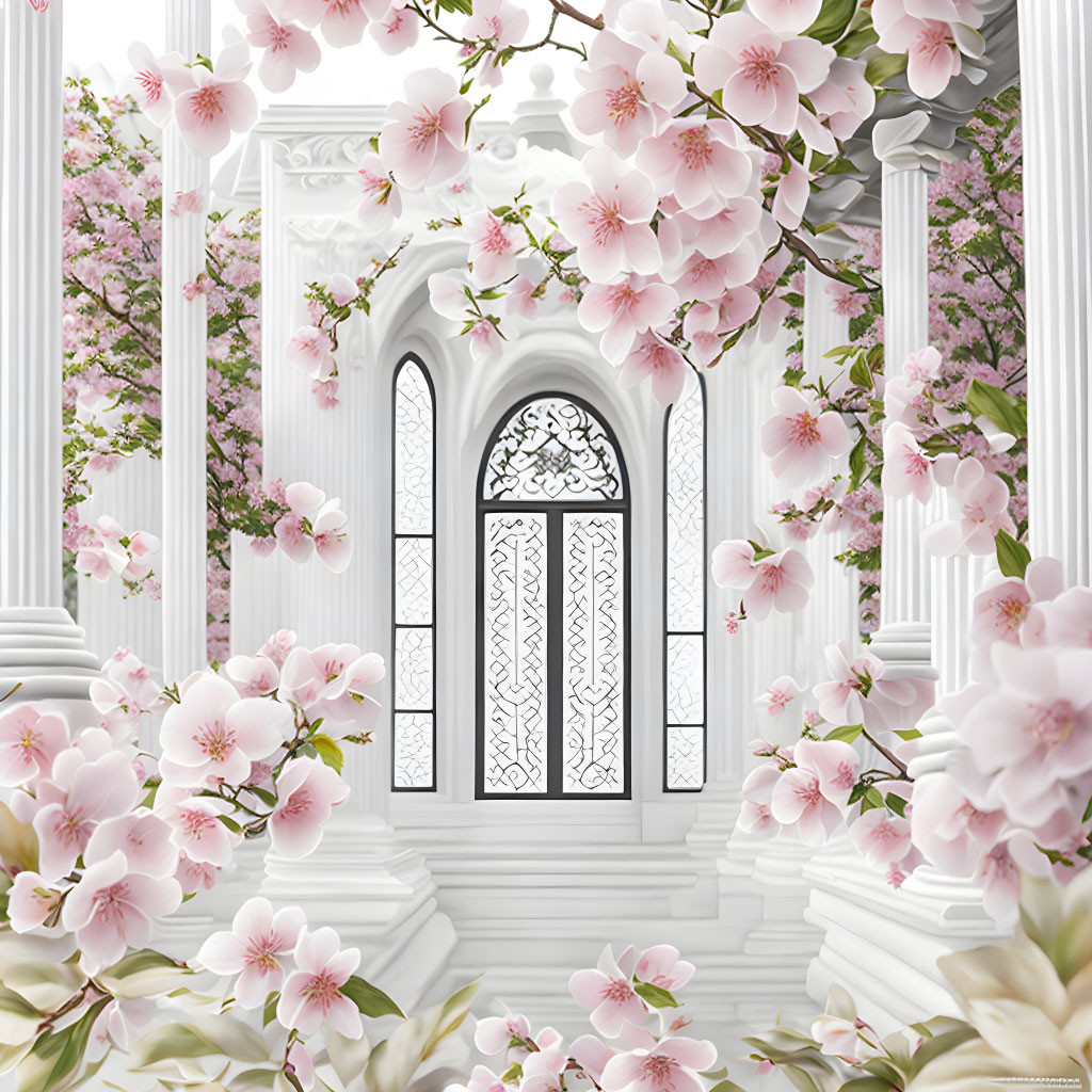 White architectural structure with pink cherry blossoms under bright sky