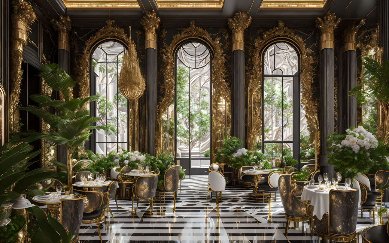 Luxurious interior with golden accents, ornate columns, checkerboard flooring, and lush greenery.