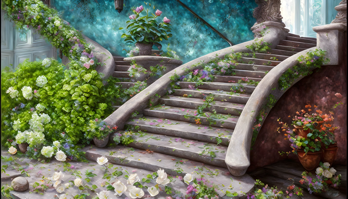 Enchanting staircase with overgrown greenery and potted flowers