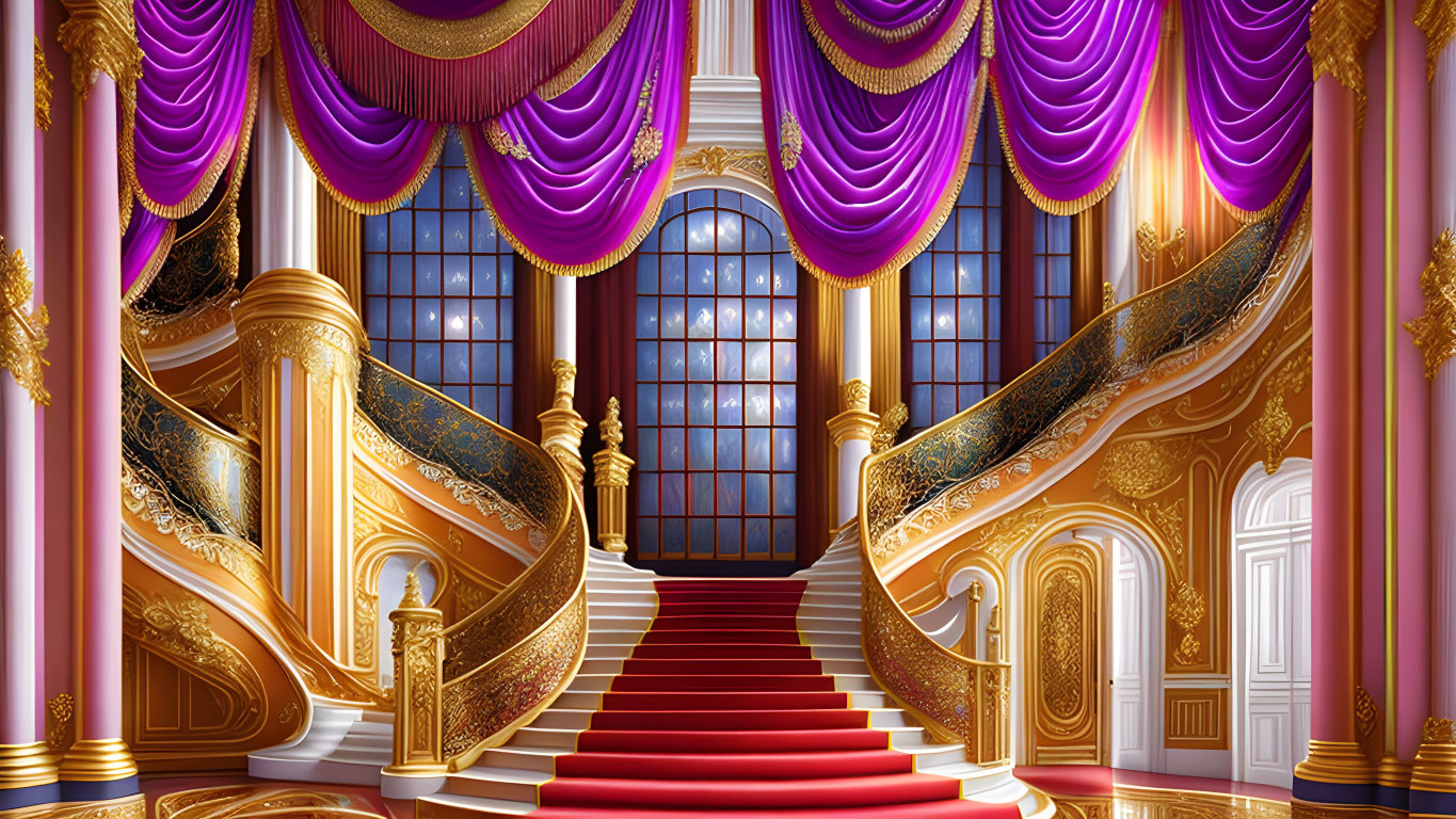 Luxurious Ballroom with Dual Staircase, Red Carpet, Gold Accents, and Purple Curt