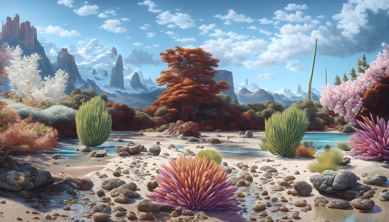 Fantastical landscape with vibrant flora and majestic mountains